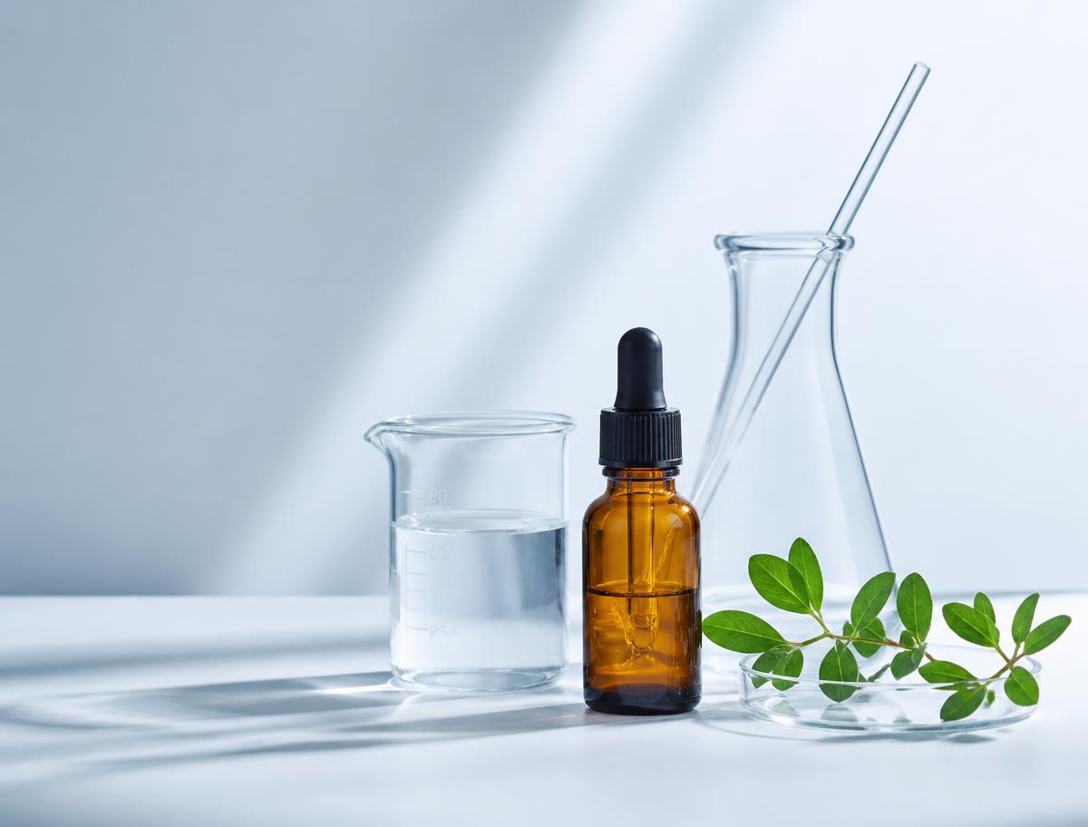 Laboratory glassware, an amber dropper bottle, and a botanical sprig